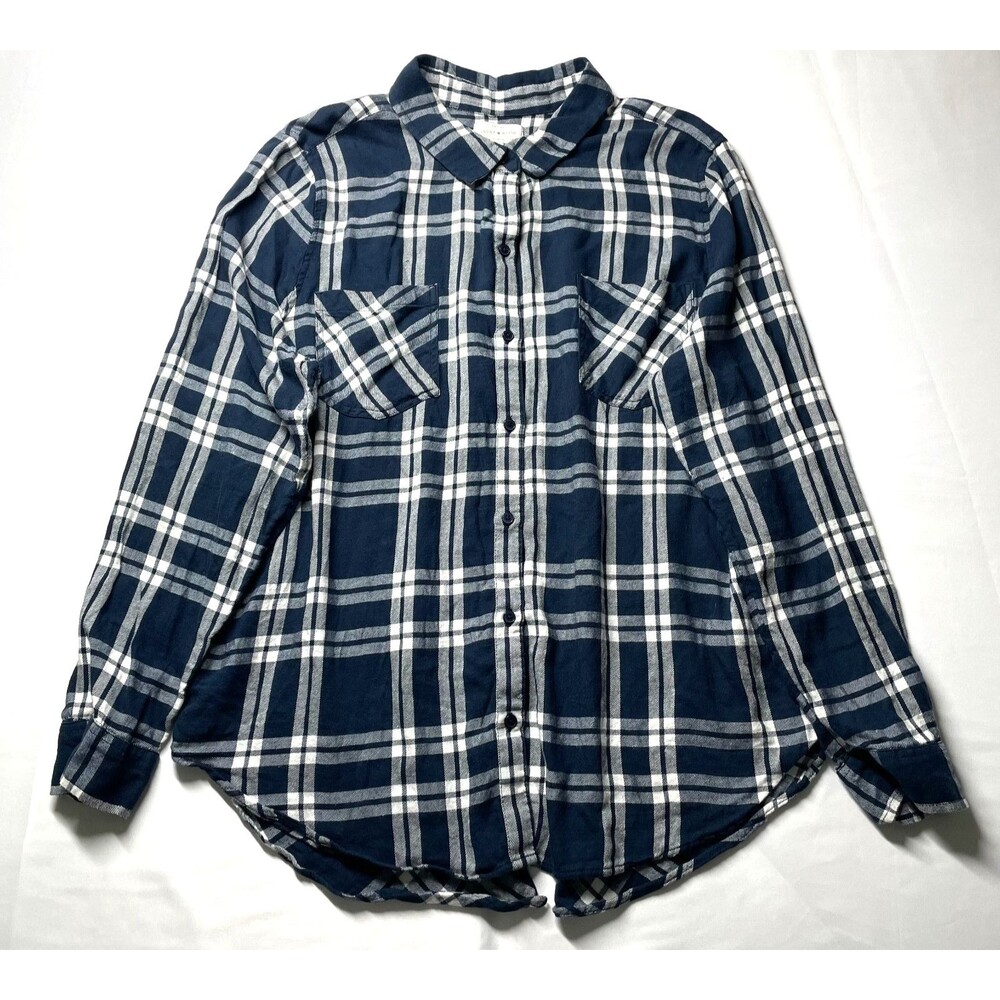 Lucky Brand Womens XL Navy White Plaid Button Front Shirt Long Sleeve